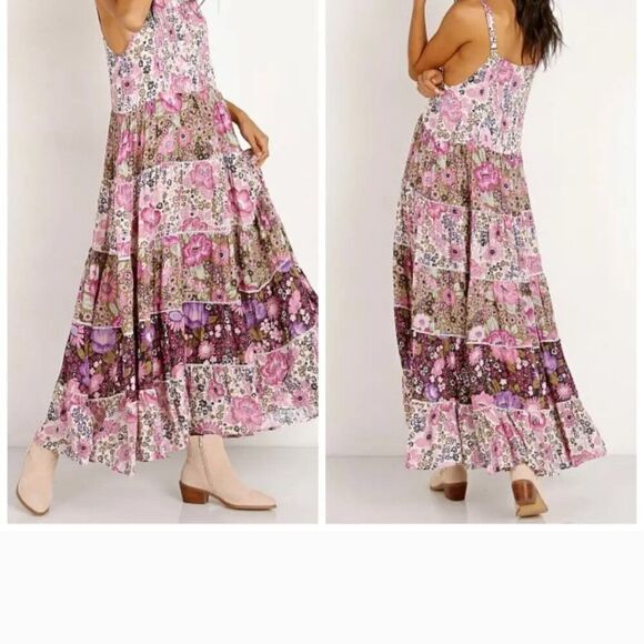 SPELL DAISY TIERED Floral Maxi Dress in Pink and Purple SMALL - Picture 3 of 4